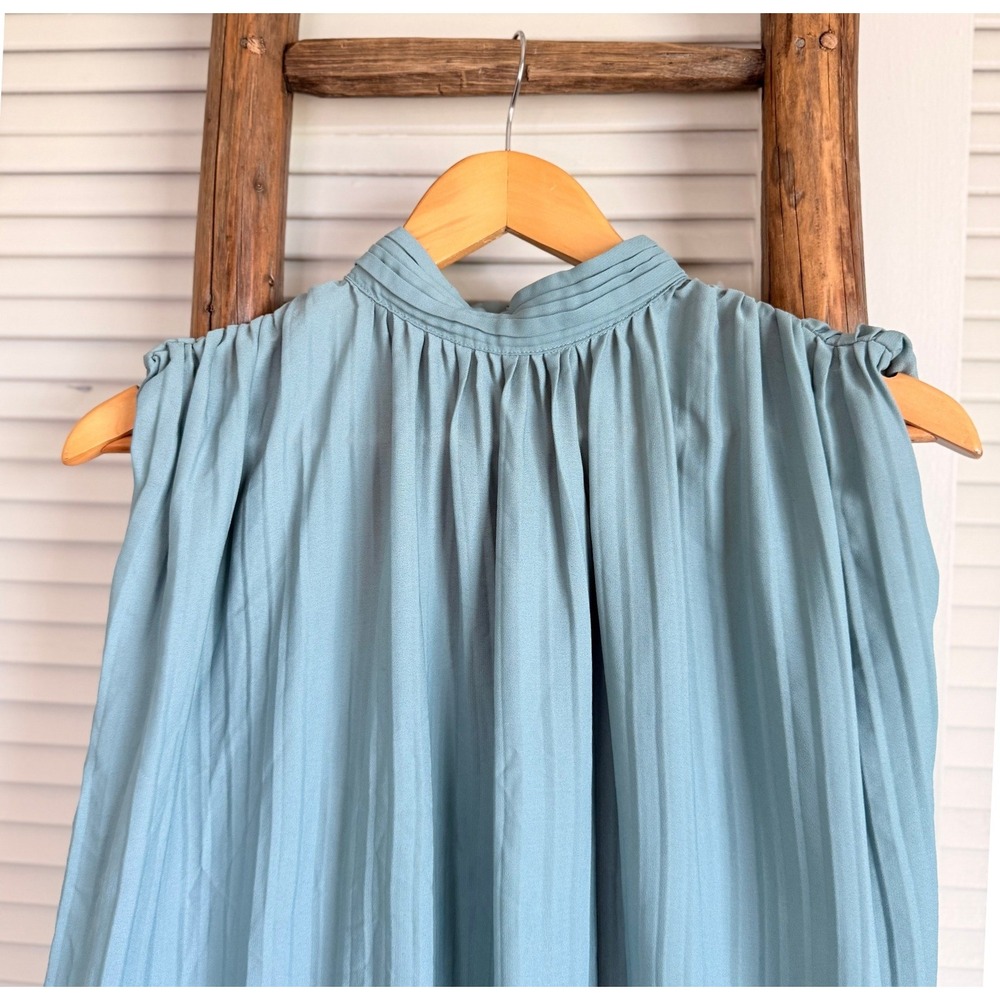 Zara Pleated High Neck‎ Sleeveless Maxi Dress Light Blue XS Column Gown - Picture 3 of 5